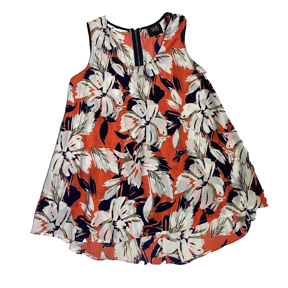 W5 Anthropologie Orange Navy Blue Floral Sleeveless Tank Top Zip Back Medium M